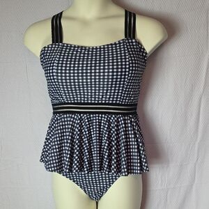 Black & White Gingham Peplum One-Piece Swimsuit